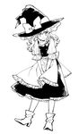 apron boots bow braid frills full_body greyscale hair_ribbon hat hat_bow high_heel_boots high_heels kirisame_marisa looking_to_the_side monochrome natsume_(menthol) puffy_sleeves ribbon simple_background single_braid smile solo standing touhou tress_ribbon waist_apron wavy_hair witch_hat 