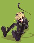  adrien_agreste bell belt blonde_hair bodysuit cat_ears chat_noir fake_animal_ears feet full_body green_background green_sclera knees_up male_focus miraculous_ladybug open_mouth paw_print pov sharp_nails shoes simple_background sitting solo yellow_eyes 