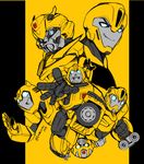  arm_cannon artist_name autobot blue_eyes bumblebee chibi crossover glowing glowing_eyes insignia kamizono_(spookyhouse) machinery mecha multiple_boys multiple_persona no_humans open_mouth q-transformers smile transformers transformers_animated transformers_prime weapon 