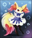  bow braixen clothing female flower fur glowing midna01 nintendo notes open_mouth paws plant pok&eacute;mon red_eyes simple_background solo stick teeth video_games watermark yellow_fur 