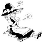  apron book bow frills greyscale hat hat_bow kirisame_marisa monochrome mushroom natsume_(menthol) puffy_sleeves simple_background sitting solo star thinking thought_bubble touhou vest waist_apron wavy_hair witch_hat 