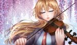  1girl absurdres blonde_hair blue_eyes bow_(instrument) cherry_blossoms highres hinayukisaki huge_filesize instrument miyazono_kawori red_neckwear school_uniform shigatsu_wa_kimi_no_uso striped striped_neckwear upper_body violin 