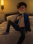  1boy bandage bed black_hair blood blue_eyes bruise bruises gold_chain grin light_smile looking_at_viewer male_focus matsuno_karamatsu naughty_face necktie on_bed osomatsu-kun osomatsu-san piercing smile socks tattoo undressing watch wristwatch yakuza yaoi yoshimichi 