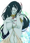  adjusting_hair armband blue_eyes blue_hair blue_skin breasts choker collarbone earrings facial_mark forehead_mark huge_breasts jewelry lip_piercing lips magi_the_labyrinth_of_magic navel_piercing nipple_piercing paimon piercing pointy_ears rabbit_kk smile solo 