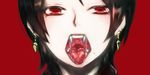  1boy black_hair close-up close_up earrings fangs kashuu_kiyomitsu looking_at_viewer male_focus mole mole_under_mouth open_mouth red_background saliva sexually_suggestive solo teeth tongue tongue_out touken_ranbu 
