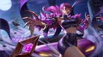  1girl absurdres bangs bare_shoulders breasts building claw_(weapon) commentary_request crop_top earrings erect_nipples evelynn highres idol jewelry k/da_(league_of_legends) k/da_evelynn large_breasts league_of_legends lipstick long_hair looking_at_viewer makeup microphone midriff moon night night_sky purple_hair sky skyscraper solo thighs weapon yellow_eyes yus 