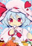  blue_hair cherry chikado cream cucumber duplicate eating egg eyelashes flag food food_on_face fruit hair_between_eyes hat hat_ribbon heart long_sleeves mob_cap okosama_lunch pasta pudding red_eyes red_ribbon remilia_scarlet ribbon salad short_hair solo spaghetti spoon tako-san_wiener teeth tempura touhou 