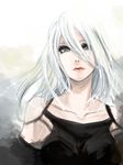  bare_shoulders blue_eyes breasts hiderunrun highres long_hair looking_at_viewer medium_breasts nier_(series) nier_automata solo white_hair yorha_type_a_no._2 