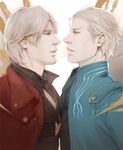  artist_name brothers coat dante_(devil_may_cry) devil_may_cry face-to-face facial_hair frown male_focus multiple_boys rynisyou siblings signature smile stubble twins upper_body vergil white_hair 