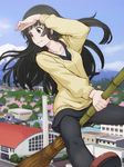  between_legs black_hair broom broom_riding bush cityscape collarbone commentary flying_witch grabbing green_eyes hand_over_face highres house kowata_makoto long_hair mountain panties panties_under_pantyhose pantyhose shoes skirt smile solo sweater takeda_yukimura tree underwear 