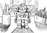  background black_and_white brush indoors monochrome no_humans pencil robot sketch 