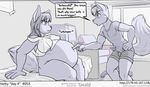  2016 angry anthro bed belly big_belly big_breasts bottomless breasts canine chair claws clothed clothing comic dialogue duo english_text faf fox fur hair hand_on_stomach hetty inside jimmy long_hair male mammal monochrome obese on_bed open_mouth overweight pillow speech_bubble teeth text translucent transparent_clothing wolf 