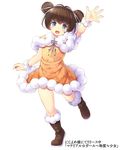  bad_id bad_pixiv_id bangs blue_eyes boots bracelet brown_footwear brown_hair double_bun dress full_body hair_ornament hand_up jewelry kobari_ami komimiyako looking_at_viewer material_girl official_art open_mouth orange_dress solo standing standing_on_one_leg watermark waving white_background 
