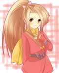  1girl blush brown_eyes brown_hair fingerless_gloves gloves japanese_clothes long_hair ponytail ribbon scarf smile suzu_fujibayashi tales_of_(series) tales_of_phantasia 