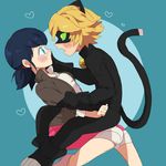  1girl adrien_agreste aoi_(ao1yui) arm_grab bell blonde_hair blue_background blue_eyes blue_hair blush bodysuit cat_ears chat_noir fake_animal_ears finger_to_mouth from_side green_eyes green_sclera hand_on_another&#039;s_face hand_on_another's_face heart marinette_dupain-cheng miraculous_ladybug open_mouth short_twintails simple_background sitting_on_lap sitting_on_person twintails 