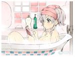  :o bag bathing bathtub breasts cellphone grey_eyes hair_between_eyes kantai_collection kashima_(kantai_collection) large_breasts naitou_ryuu nude partially_submerged phone pipes plastic_bag shampoo_bottle sidelocks silver_hair sitting smartphone solo star steam towel towel_on_head twintails twitter_username 