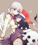 black_capelet blue_hair capelet closed_eyes doremy_sweet feathered_wings grey_hair hat heart hug jacket kishin_sagume long_sleeves multiple_girls nightcap open_clothes open_jacket pom_pom_(clothes) purple_skirt red_eyes simple_background single_wing sitting skirt tail tama_(soon32281) tapir_tail touhou white_wings wings yuri 