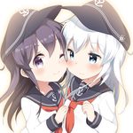  akatsuki_(kantai_collection) anchor_symbol badge bell_(oppore_coppore) black_hair blue_eyes blush cheek-to-cheek closed_mouth commentary_request flat_cap hat hibiki_(kantai_collection) kantai_collection long_hair long_sleeves looking_at_viewer multiple_girls neckerchief one_eye_closed purple_eyes red_neckwear school_uniform serafuku silver_hair smile 