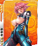  blush bodysuit breasts female large_breasts latex nipples open_mouth pink_hair restrained schleh_diack taimanin_asagi taimanin_asagi_battle_arena tied torn_clothes yellow_eyes zol 