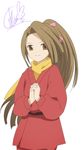  1girl brown_eyes brown_hair japanese_clothes long_hair pants ponytail ribbon scarf suzu_fujibayashi tales_of_(series) tales_of_phantasia 