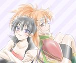  2girls armor bare_shoulders black_hair breasts brown_eyes hairband long_hair mary_argent multiple_girls orange_hair ponytail purple_eyes rutee_katrea short_hair shorts smile tales_of_(series) tales_of_destiny thighhighs 