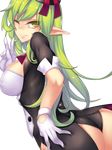  ;d ass bangs breasts covered_nipples elf elsword eyebrows eyebrows_visible_through_hair fi-san fingernails gloves green_eyes green_hair highres large_breasts leotard long_fingernails long_hair looking_at_viewer one_eye_closed open_mouth pointy_ears red_ribbon rena_(elsword) ribbon short_sleeves smile solo transparent_background upper_body v white_gloves 