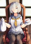 black_legwear black_skirt blue_eyes buttons chair closed_mouth collarbone cup drink eyebrows eyebrows_visible_through_hair hair_ornament hair_over_one_eye hairclip hamakaze_(kantai_collection) highres holding holding_cup indoors kantai_collection knees_touching liquid looking_at_viewer neckerchief pantyhose plan_(planhaplalan) pleated_skirt sailor_collar saucer school_uniform serafuku shirt short_hair short_sleeves silver_hair sitting skirt sleeve_cuffs smile solo teacup teapot thigh_strap white_shirt window yellow_neckwear 