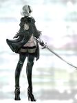  ass blindfold cleavage_cutout dress female full_body gloves gradient gradient_background highres mole mole_under_mouth nier nier:_automata nier_automata puffy_sleeves short_hair silver_hair solo square_enix standing sword thighhighs weapon yorha_no.2_type_b yorha_unit_no._2_type_b 