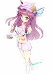  artist_name bangs barefoot blunt_bangs book bow crescent crescent_hair_ornament dated green_bow hair_bow hair_ornament hat long_hair looking_at_viewer mob_cap navel nirap patchouli_knowledge pencil_skirt purple_eyes purple_hair sidelocks simple_background skirt solo swimsuit touhou white_background yellow_bow 