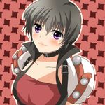  1girl belt black_hair blush breasts choker purple_eyes red_background rutee_katrea short_hair smile tales_of_(series) tales_of_destiny 