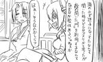  2girls comic crossed_arms crossed_legs eyepatch eyes_visible_through_hair greyscale grin hair_intakes headgear hospital_gown kantai_collection mole mole_under_eye monochrome multiple_girls open_mouth revision short_hair smile tatsuta_(kantai_collection) tenryuu_(kantai_collection) tonda translated 