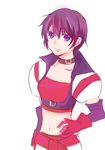  1girl belt black_hair breasts choker elbow_gloves gloves midriff navel purple_eyes rutee_katrea short_hair smile tales_of_(series) tales_of_destiny 