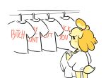  1girl bell clothes commentary doubutsu_no_mori english_commentary english_text from_behind hair_bell hair_ornament holding_shirt meme mhuyo nintendo shizue_(doubutsu_no_mori) short_sleeves simple_background solo standing white_background 