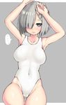  alternate_costume blue_eyes breasts competition_swimsuit hair_ornament hair_over_one_eye hairclip hamakaze_(kantai_collection) kantai_collection kurogane_daichi large_breasts one-piece_swimsuit short_hair silver_hair solo swimsuit 