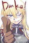  artist_name bismarck_(kantai_collection) blonde_hair blue_eyes commentary_request detached_sleeves finger_gun german gloves gorget kamotama kantai_collection looking_at_viewer military military_uniform one_eye_closed parted_lips simple_background smile solo translated uniform white_background 