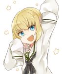  alternate_costume bangs blonde_hair blouse blue_eyes fang girls_und_panzer katyusha koretsuna long_sleeves looking_at_viewer neckerchief ooarai_school_uniform open_mouth oversized_clothes school_uniform serafuku short_hair sleeves_past_fingers sleeves_past_wrists smile solo standing star starry_background upper_body waving white_background white_blouse 