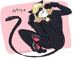  adrien_agreste bell belt blonde_hair bodysuit cat_ears chat_noir fake_animal_ears feet full_body green_eyes green_sclera half-closed_eyes knees_up licking_lips looking_at_viewer male_focus mask miraculous_ladybug paw_pose paw_print shoes simple_background solo tongue tongue_out 