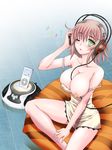  bean_bag_chair between_breasts breasts cable digital_media_player dress eighth_note green_eyes headphones highres ipod large_breasts listening_to_music looking_at_viewer musical_note nipples one_eye_closed pink_hair sitting solo strap_slip takaoka_motofumi 