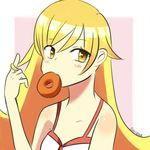  bad_deviantart_id bad_id blonde_hair blush doughnut dress eating flat_chest food long_hair looking_at_viewer monogatari_(series) oshino_shinobu pink_dress playing_with_own_hair shiinka solo yellow_eyes 