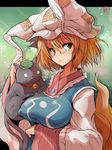  bell bell_collar bespectacled breasts chen chen_(cat) collar covered_nipples fox_tail glasses hat huge_breasts jingle_bell long_sleeves md5_mismatch ofuda orange_hair pillow_hat red_eyes ryuno short_hair tabard tail touhou yakumo_ran 