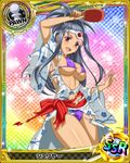  artist_request breasts brown_eyes card_(medium) character_name chess_piece circlet covered_nipples dark_skin earrings grey_hair high_school_dxd japanese_clothes jewelry long_hair medium_breasts official_art pawn purple_swimsuit shuriya_(high_school_dxd) solo swimsuit torn_clothes torn_swimsuit trading_card 