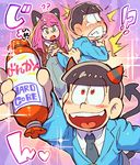  1girl 2boys ?? animal_ears bad_id bad_twitter_id black_hair blazer bokusatsu_tenshi_dokuro-chan brothers cat_ears demon_horns demon_tail food formal hashimoto_nyaa horns jacket matsuno_choromatsu matsuno_osomatsu multicolored_hair multiple_boys osomatsu-kun osomatsu-san parody pink_hair red_eyes sanjiro_(tenshin_anman) sausage siblings streaked_hair suit tail tearing_up wince 