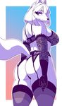  anthro big_breasts breasts cakewasgood canine clothing female fox fur hair hi_res legwear lingerie looking_at_viewer low-angle_view mammal rear_view solo standing thick_thighs thigh_highs white_fur white_hair 