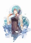  blue_hair fuurin hair_over_one_eye hand_up kirishima_touka looking_at_viewer open_mouth red_eyes short_hair sleeves_rolled_up solo tokyo_ghoul vest 