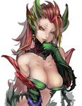  :q breasts claws cleavage highres kumiko_shiba large_breasts league_of_legends long_hair looking_at_viewer red_hair simple_background slit_pupils solo tongue tongue_out white_background yellow_eyes zyra 