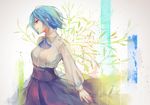 blouse blue_eyes from_side fuurin hair_over_one_eye kirishima_touka long_sleeves neckerchief plant red_eyes short_hair skirt solo tokyo_ghoul white_blouse 