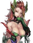  :q breasts claws cleavage cum cum_on_body cum_on_breasts cum_on_upper_body highres kumiko_shiba large_breasts league_of_legends long_hair looking_at_viewer red_hair simple_background slit_pupils smile solo tongue tongue_out white_background yellow_eyes zyra 