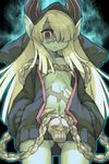  :| ass_visible_through_thighs blonde_hair closed_mouth collarbone cowboy_shot expressionless eyelashes flat_chest green_skin hair_over_one_eye hands_in_pockets highres hood hoodie horns itsumo_nokoru long_hair looking_at_viewer navel necromancer_(sekaiju) no_pants open_clothes open_hoodie red_eyes robe scar sekaiju_no_meikyuu sekaiju_no_meikyuu_5 skull solo standing stomach thighs 