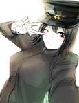  akitsu_maru_(kantai_collection) bangs black_hair breasts brown_eyes commentary_request gloves hand_up hat highres hometa kantai_collection large_breasts military military_hat military_uniform one_eye_closed outstretched_arm peaked_cap reaching_out self_shot short_hair smile solo uniform v 