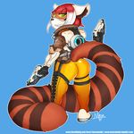  2016 anthro butt clothed clothing cosplay eyewear female goggles green_eyes grin hair looking_at_viewer looking_back mammal masamaki pose red_panda short_stack simple_background solo teeth tracer 